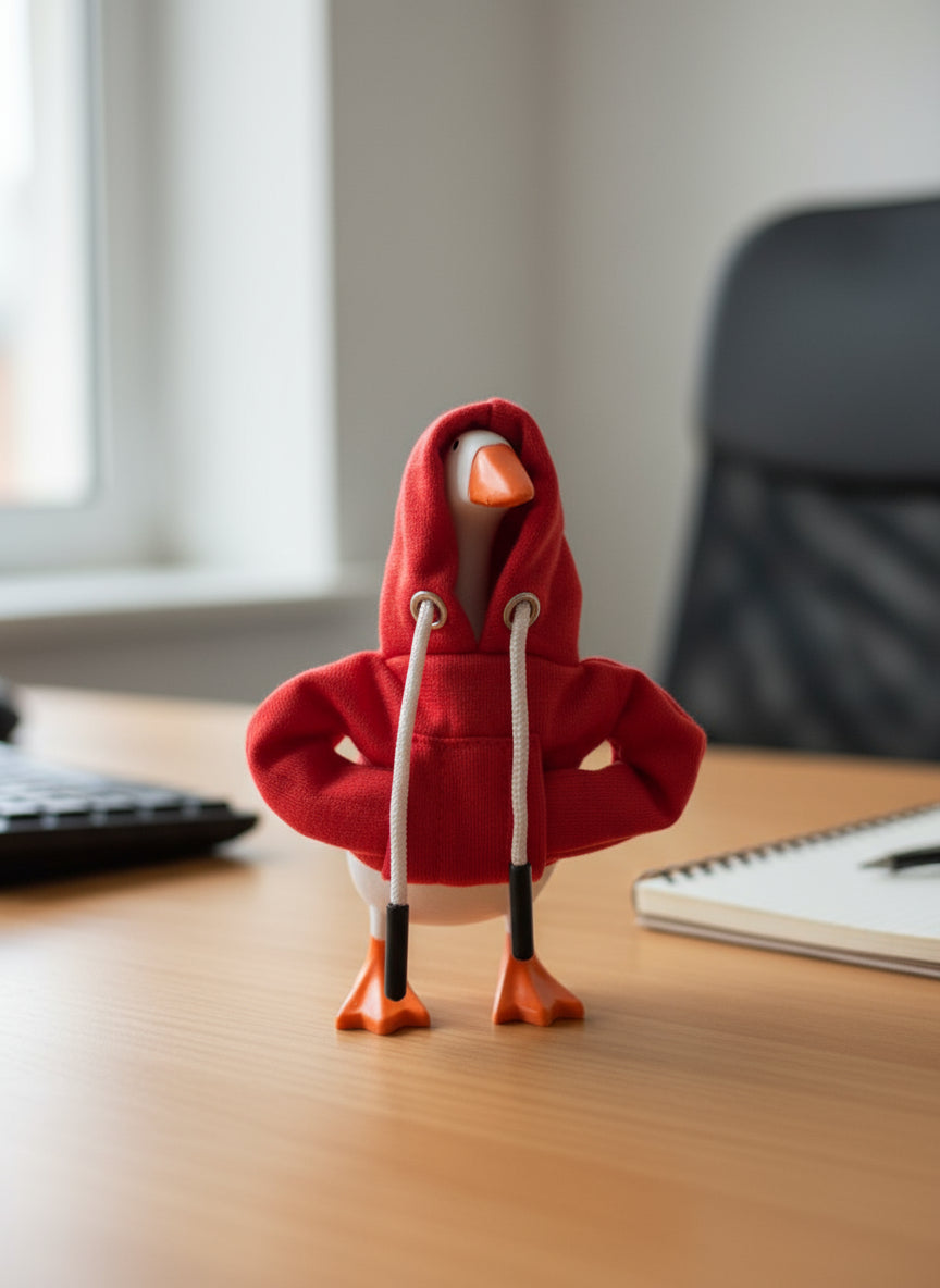 Desk goose with sweatshirt