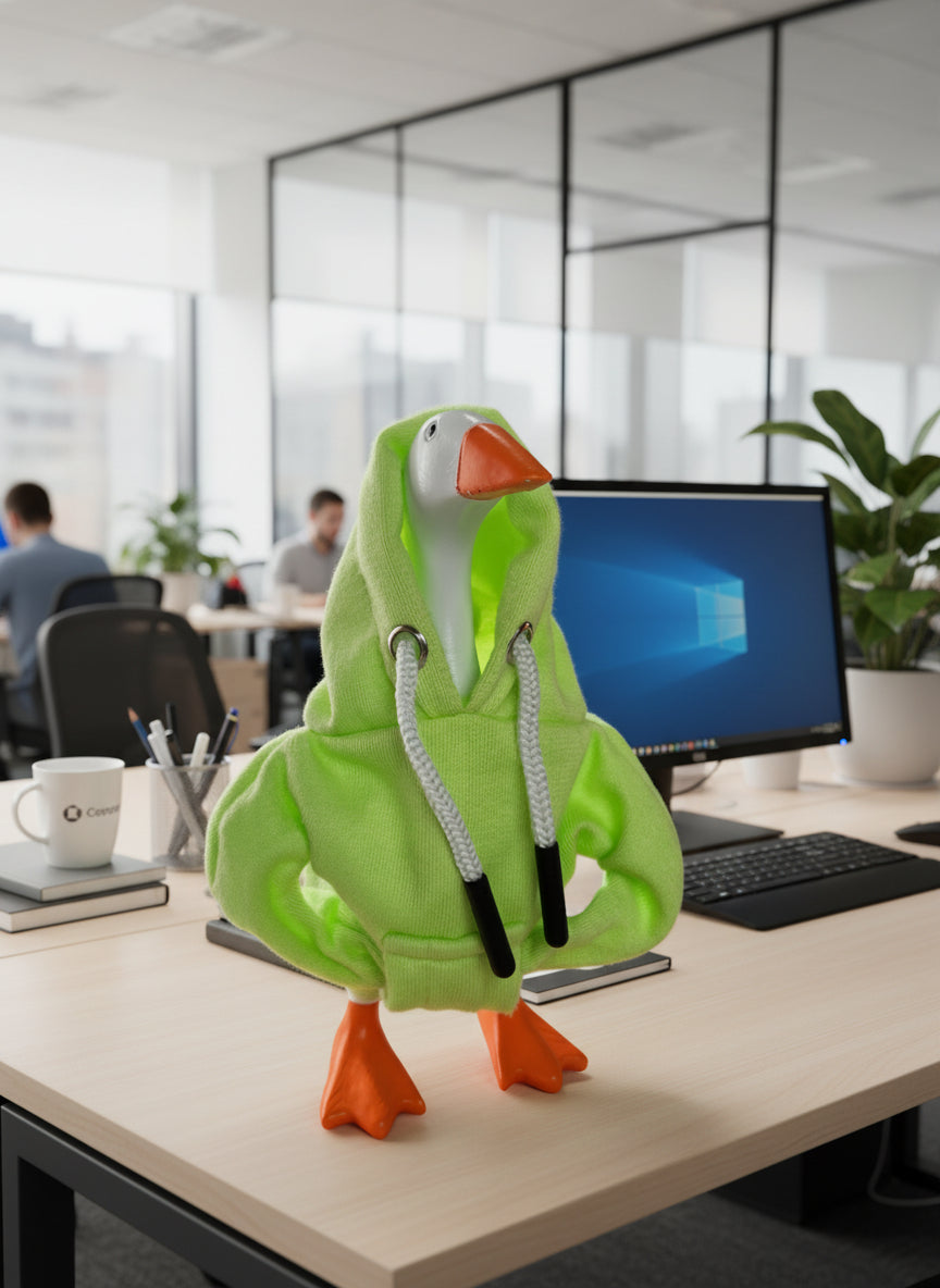 Desk goose with sweatshirt