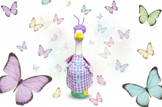Purple checkered butterfly goose outfit