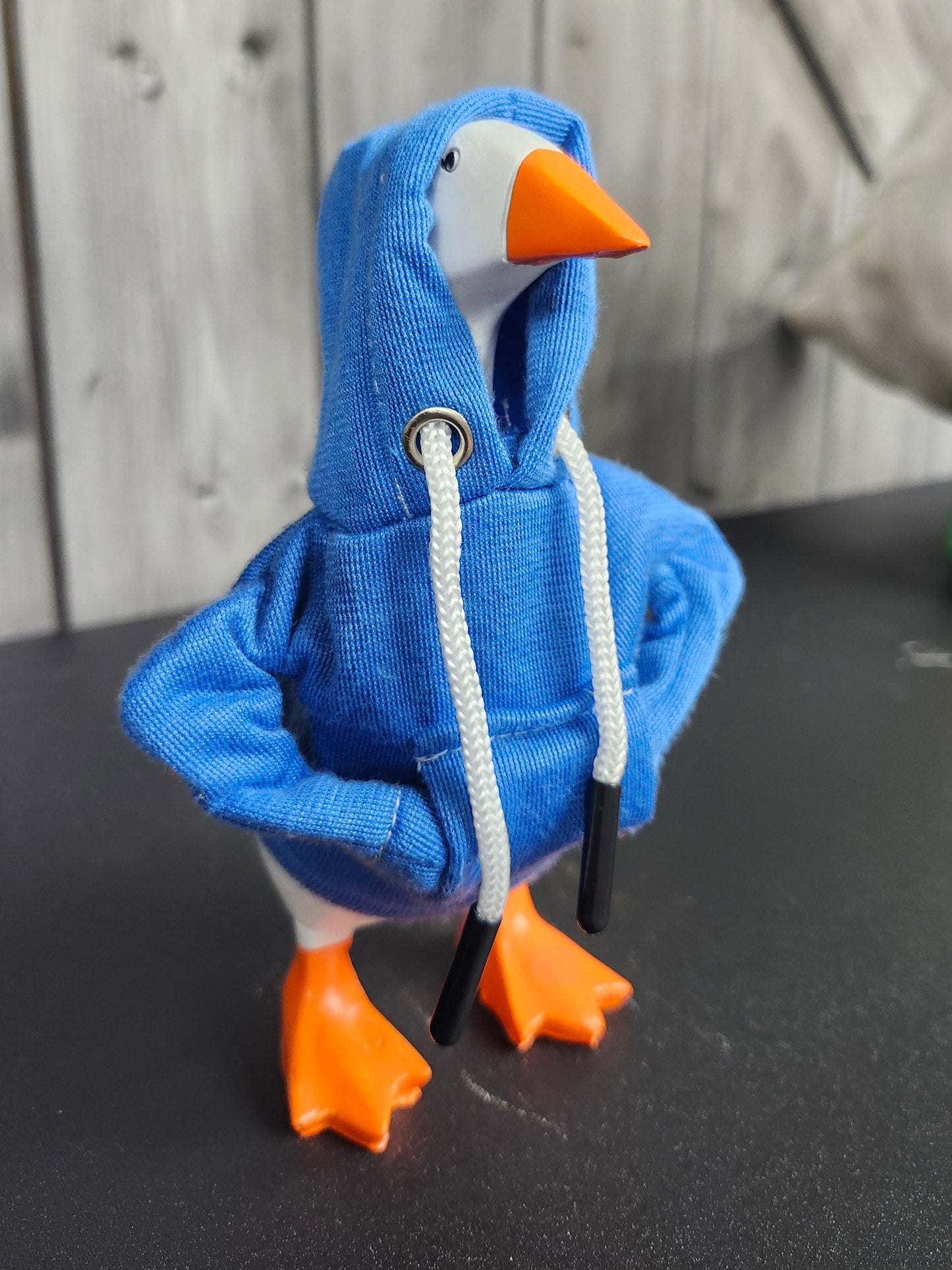 Desk goose with sweatshirt